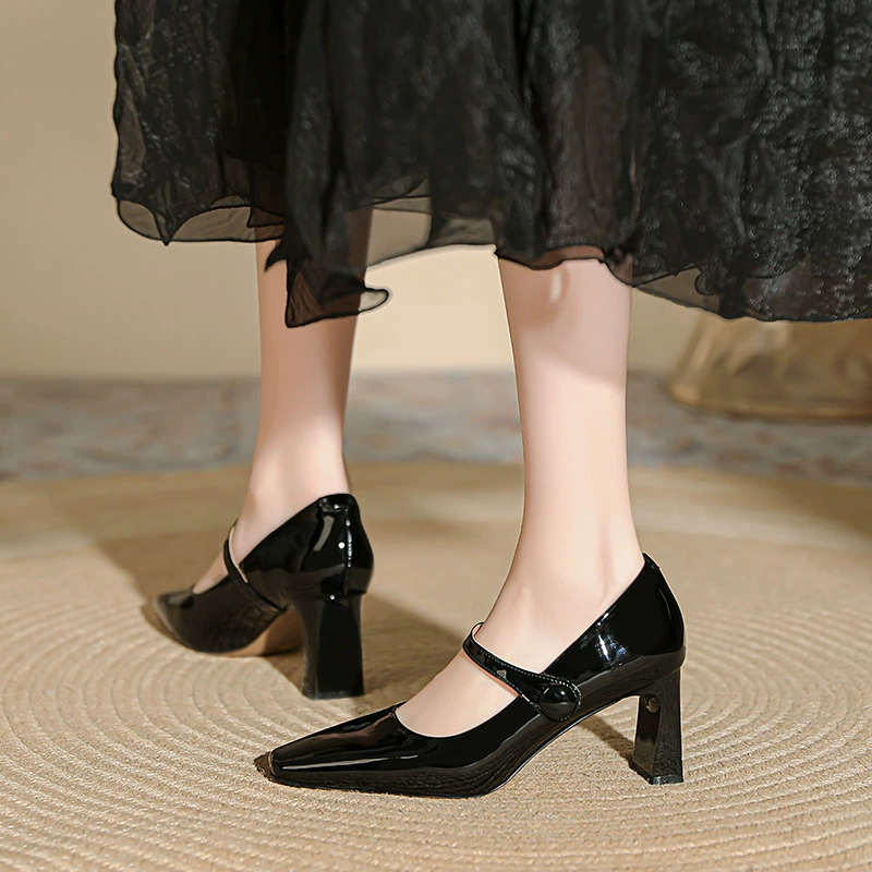 Черный высокий каблук коренастый пятки элегантные профессиональные рабочие туфли на липучке французский Мэри Джейн обувь квадратный носок однослойные туфли