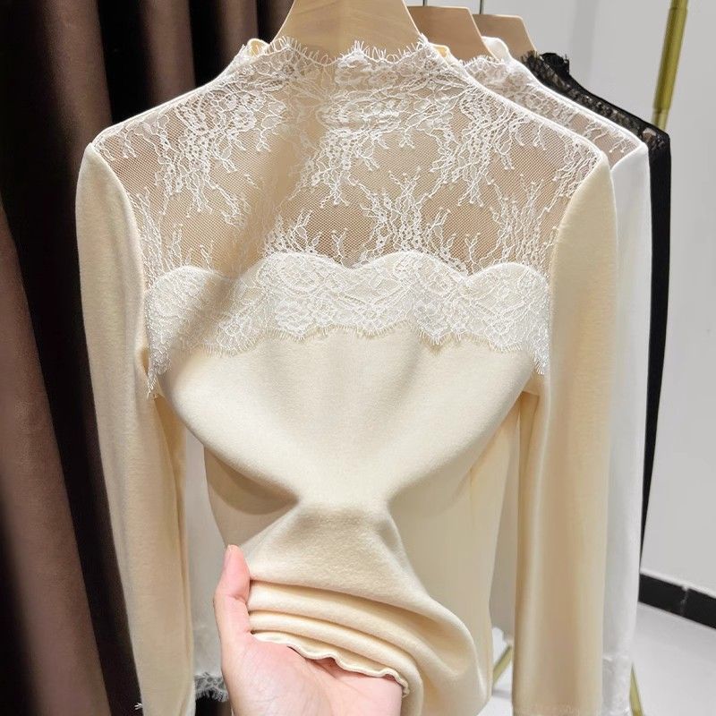 半高襟の透かし彫りのレースは底のシャツの女性の2025春秋の高級感をつなぎ合わせます。|undefined