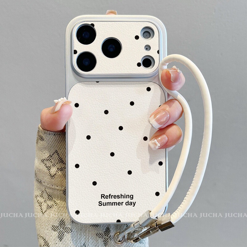 Suitable for Apple 15 Phone Case, High-End Niche Style, New Model for Ip16Pro, with Lanyard, iPhone 17, Black Polka Dots