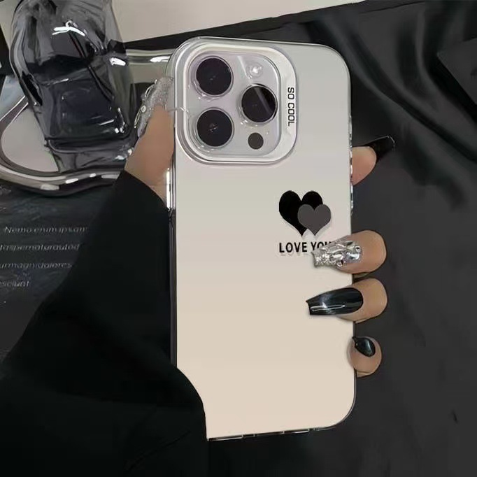 El nuevo color plateado simple doble amor es adecuado para Apple 16promax funda para teléfono móvil iphone15 Europa y América 14/13x