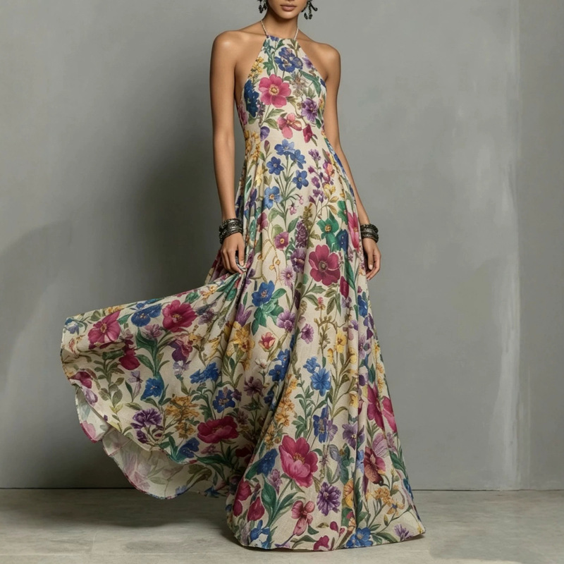 2026 New Cross-Border Plant and Floral Print Halter Neck Dress, Off-Shoulder Slimming Long Flowing Dress in Stock 2026 New Cross-Border Plant and Floral Print Halter Neck Dress, Off-Shoulder Slimming Long Flowing Dress in Stock