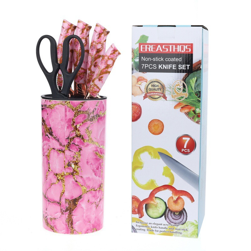 Cuchillos de cocina set de siete piezas mármol dorado base cilíndrica cuchillo de cocina multipropósito cuchillo tijeras set de cuchillos de regalo
