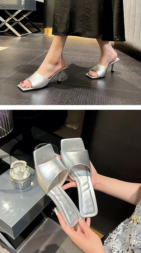 Dép sandal nữ quai ngang mũi vuông hở ngón gót 7 cm — Màu bạc, Màu da báo, Màu hồng, Màu trắng be chi tiết 11