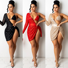 X5307跨境wish速卖通eBay欧美女装性感亮片不规则连衣裙夜店裙女