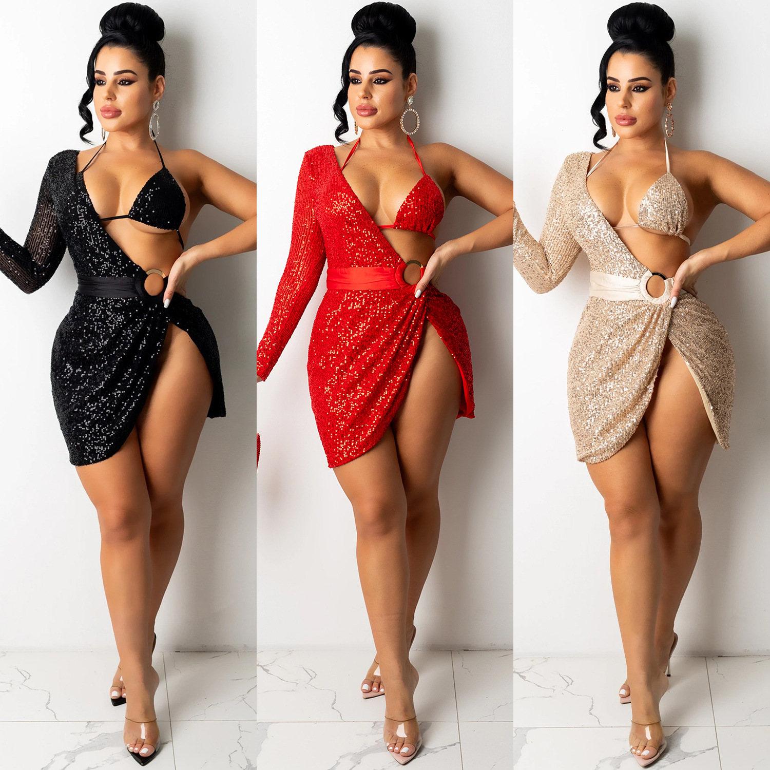 X5307 transfronteriza deseo AliExpress eBay mujeres europeas y americanas sexy lentejuelas vestido irregular vestido de discoteca para las mujeres