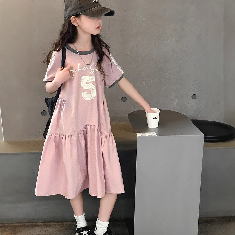 Girls' Dresses Summer 2025 New Style Kidsren's Fashionable Summer Dresses for Girls and Older Kidsren Casual Short-Sleeved Splicing Skirts