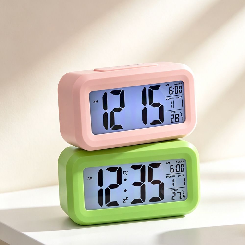 학생용 스마트 LCD 온습도 알람 탁상시계 영어판 블랙 화이트 핑크 블루 그
