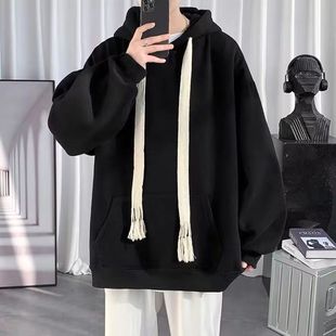 Student's Large Drawstring Sweatshirt Men's Hooded American Autumn and Winter Couple's fleece-lined New Hong Kong-style Loose All-match Jacket