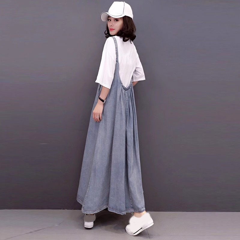 欧洲站2025夏季新款欧货宽松胖mm半身裙宽松裙子中长款牛仔背带裙