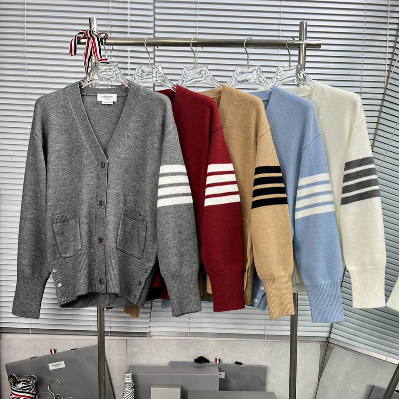 Factory Outlet High Version TB Autumn and Winter College Style Four Bars Striped Sleeve Long V-Neck Loose Slimming Wool Cardigan