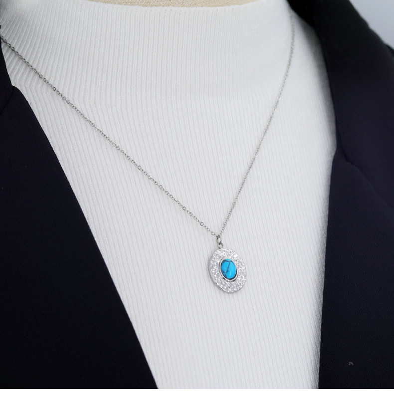 1 Piece Bohemian Oval Titanium Steel Plating Inlay Turquoise Pendant Necklace_colorza_3