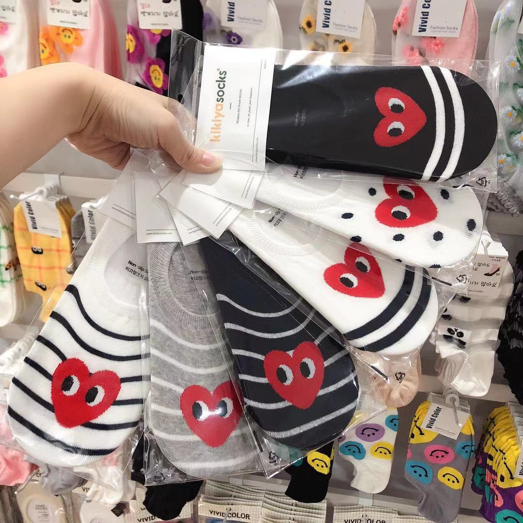 Korean Dongdaemun Boat Socks Spring and Summer Small Red Heart Wave Dot Striped Boat Socks Casual Shallow Mouth with Silicone Strip Anti-cotton Socks
