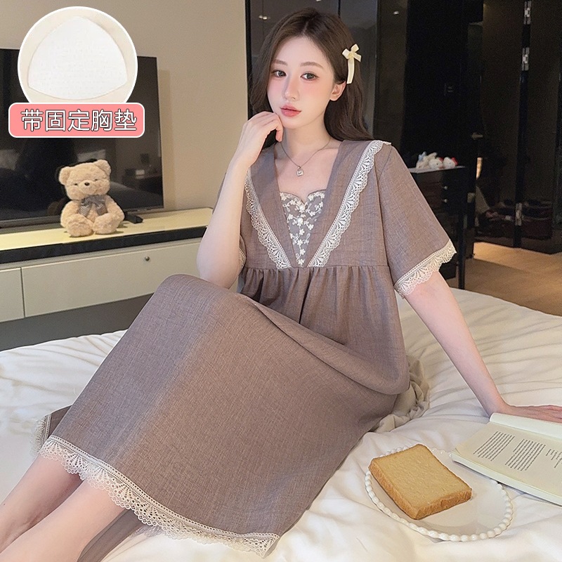 夏季纯亚麻梭织麻布甜美短袖睡裙大版型显瘦遮肉孕妇睡衣家居服