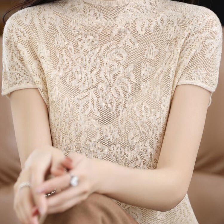 Ice Silk Short-Sleeve Women's Thin New Style Lace Hollow-Out Half-Sleeve Spring/Summer Knit Top Lace Blouse Stylish Inner Wear Ice Silk Short-Sleeve Women's Thin New Style Lace Hollow-Out Half-Sleeve Spring/Summer Knit Top Lace Blouse Stylish Inner Wear