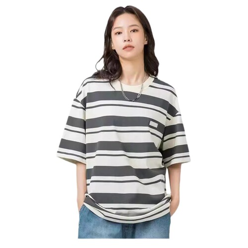 Summer Petite Vintage Crew Neck Five-Button Short-Sleeve T-Shirt for Women with Hong Kong Style Loose Casual Striped Top