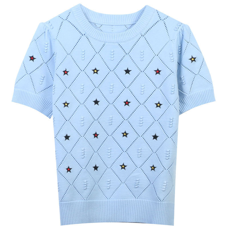 Spring 2023 New Korean Crewneck Contrast Color Star Embroidered Commuter Elegant Casual Short-sleeved Knitted Pullover Top