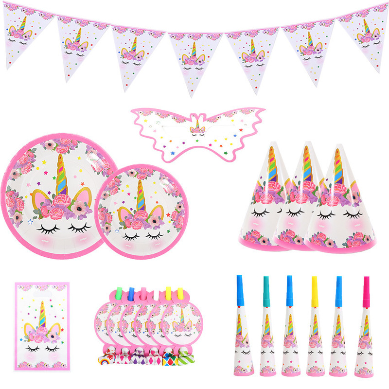 Cartoon Flower Pink Unicorn Theme Tableware Party Set Children's Birthday Party Paper Cup Plate Paper Towel Tablecloth