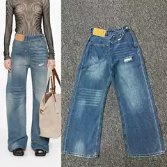 MM6 Blue Jeans Women's High Waist Straight Tube Loose Personality Misaligned Pants Wide Leg Pants Women's 2025 Summer New Style