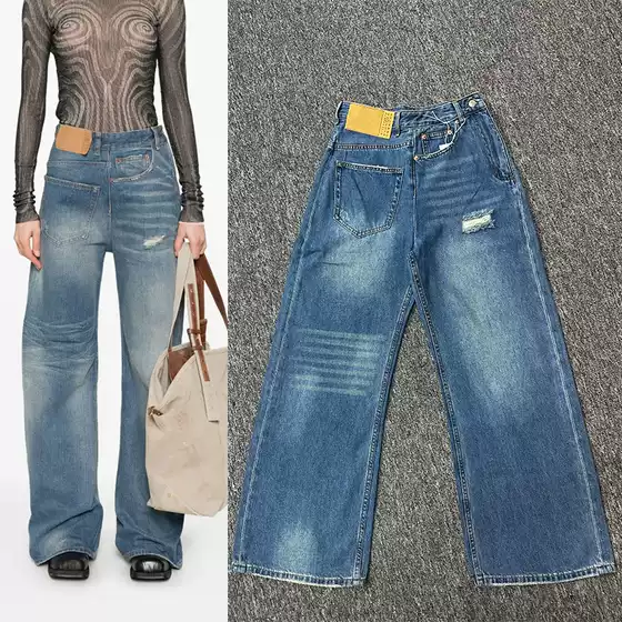 MM6 Blue Jeans Women's High Waist Straight Tube Loose Personality Misaligned Pants Wide Leg Pants Women's 2025 Summer New Style