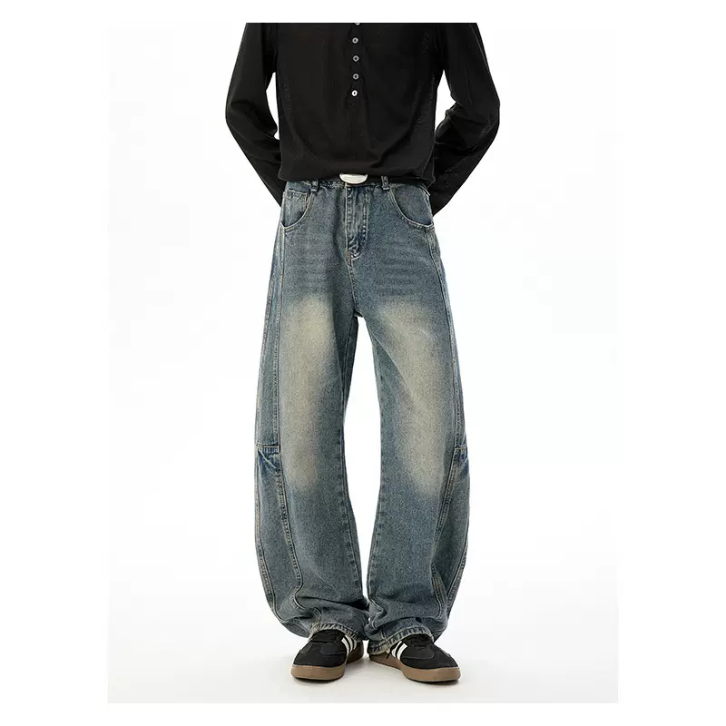 跨境牛仔裤子男款春秋季新款拼接高质量小弯刀宽松直筒休闲长裤子