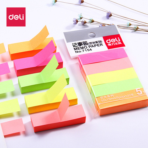 Deli mini long sticky notes bookmark stickers fluorescent strip students with color strips classification index