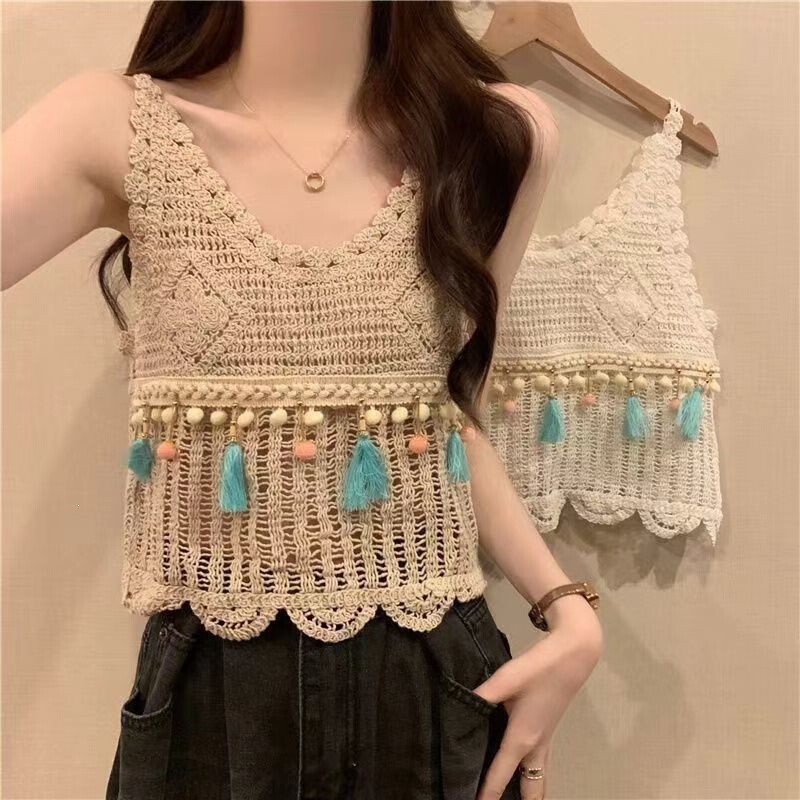38 Knitted Crochet Hollow Out Camisole Sleeveless Tassel Top Bohemian Summer Short Ethnic Style Vacation