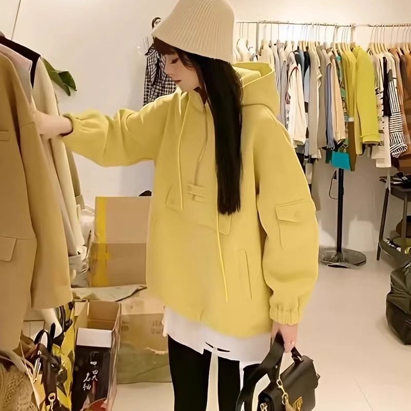 今年流行漂亮oversize卫衣女2025新款中长款连帽薄款黄色早秋上衣