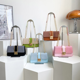 Wholesale Textured Lock Buckle Portable Small Square Bag Women's Bag 2025 Summer New Style Stitching Contrasting Color Shoulder Bag Commuter Crossbody Bag