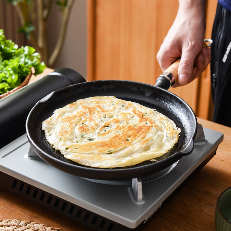 Pequeña Felicidad de hierro fundido sin recubrimiento hogar pan engrosado panqueque pan panqueque fruta pastel de mano hogar sartén