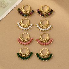 復古輕奢珍珠耳環串珠彩色碧璽耳釘圓圈氣質時尚百搭時尚耳飾批發