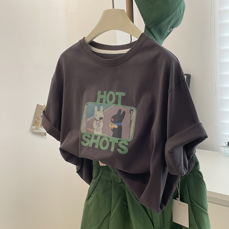 American Style Vintage Pure Cotton Short-sleeved T-shirt Women's oversize Loose Large Version Half-sleeved Chic Hong Kong Style Top Ins Trendy