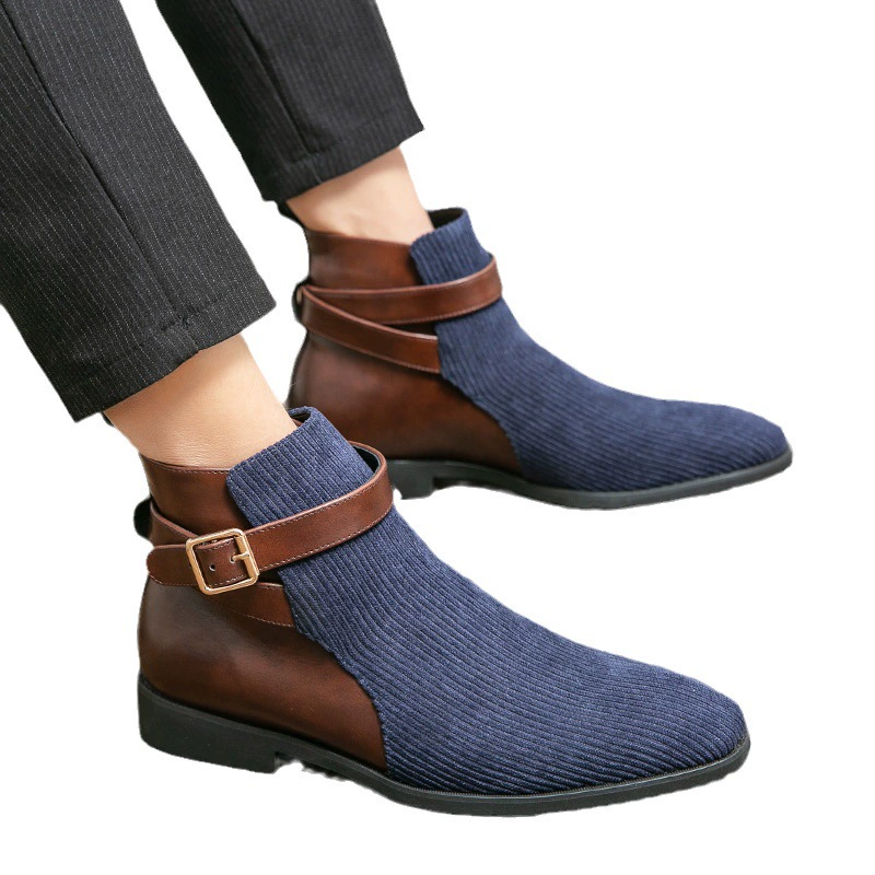 Осенне-зимние новые вельветовые мужские кожаные сапоги с пряжкой на поясе, низкие каблуки, острые Большие размеры, ретро, внешняя торговля, британская мужская обувь