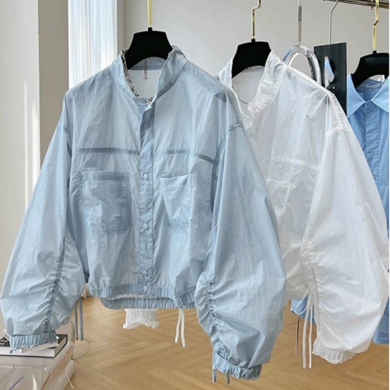 Design-Inspired Niche High-End Wrinkled Thin Stand-Collar Sun-Protective Jacket for Women, European Style, Loose Short Summer Jacket