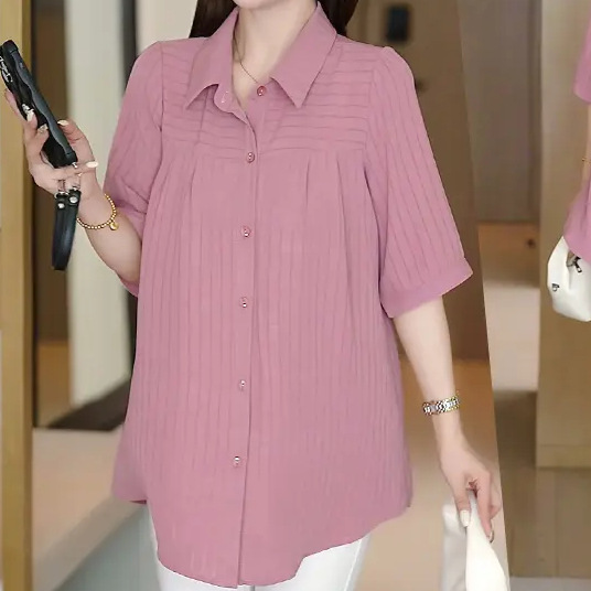 Mid-length Short-sleeved Striped Shirt Women's 2025 Summer New Loose plus size Top Flesh-covering Slimming All-match Shirt