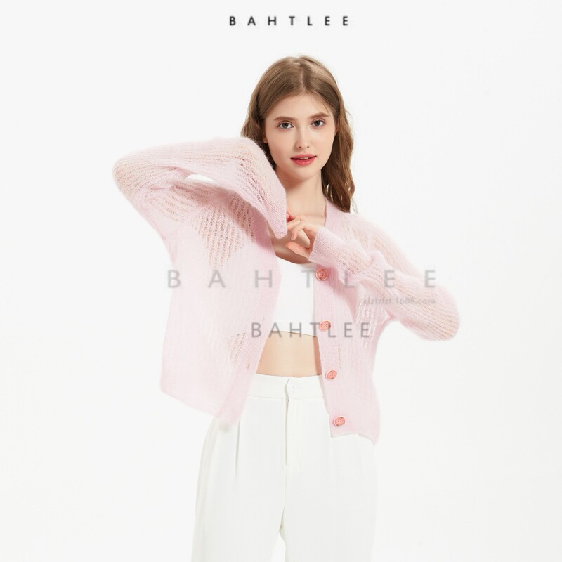 Spring and Summer Thin Perspective Hollow Crochet JIN Mouth Color Mohair V-Neck Knitted Long-Sleeved Short Cardigan