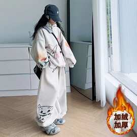 女童加绒套装秋冬款2026新款大童潮酷穿搭卫衣儿童冬季加厚运动服