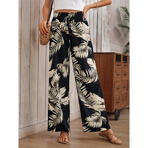 Women's Summer Casual Loosely Tied Rope High-Waist Digital Print Pants