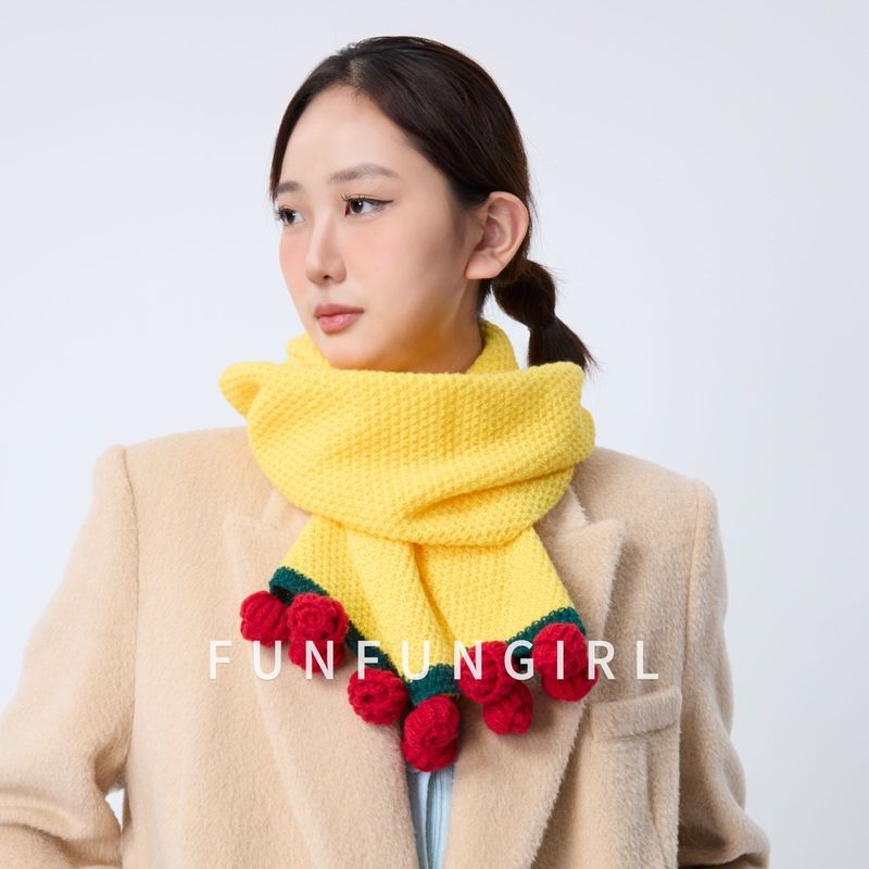 秋冬手工玫瑰花编织保暖围巾女韩版可爱装饰加厚围脖时尚针织百搭|undefined