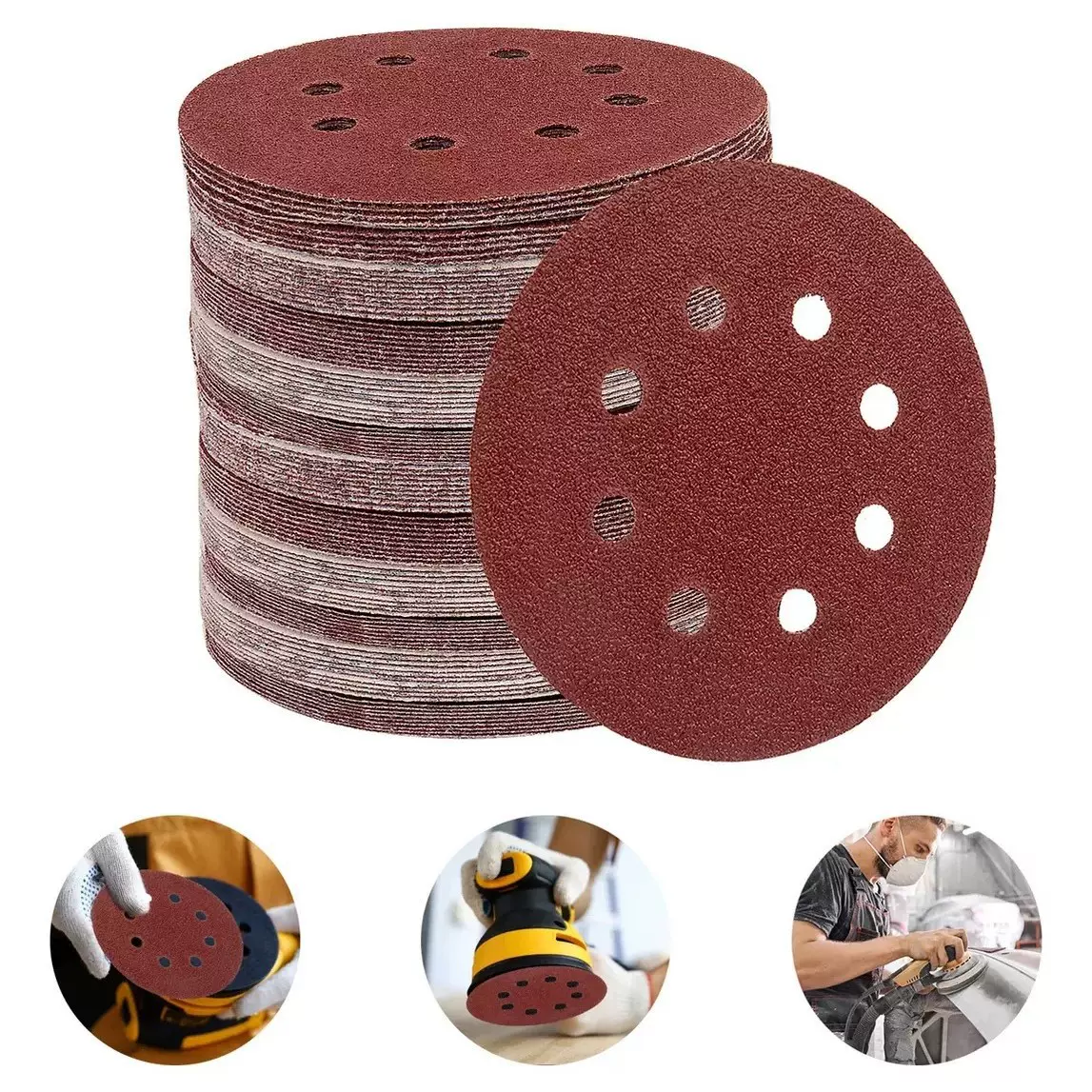 跨境爆品5寸8孔红色背绒砂纸125mm木工家具抛光打磨砂纸组合套装