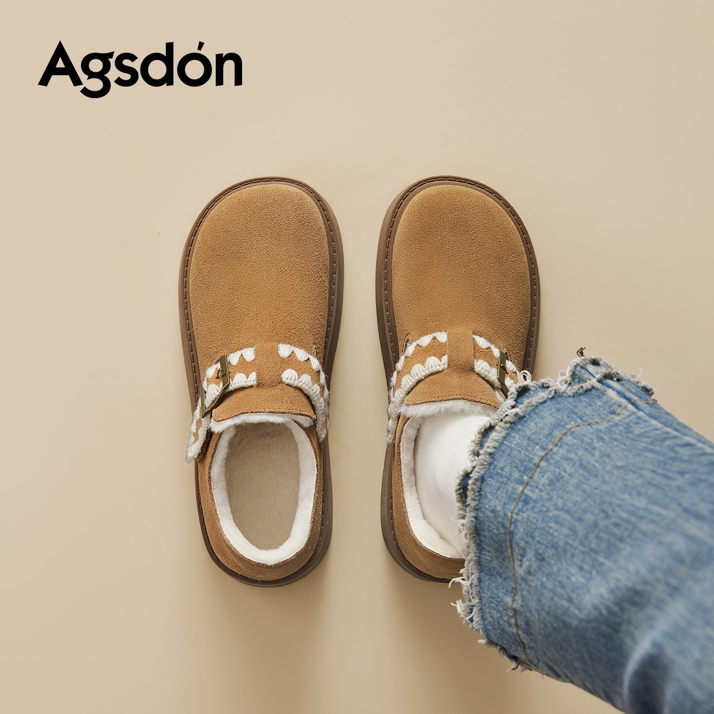 Augu Shi Deng grueso fondo de terciopelo Bocken zapatos de mujer 2025 nuevo invierno todo incluido botas de nieve bajas botas de algodón