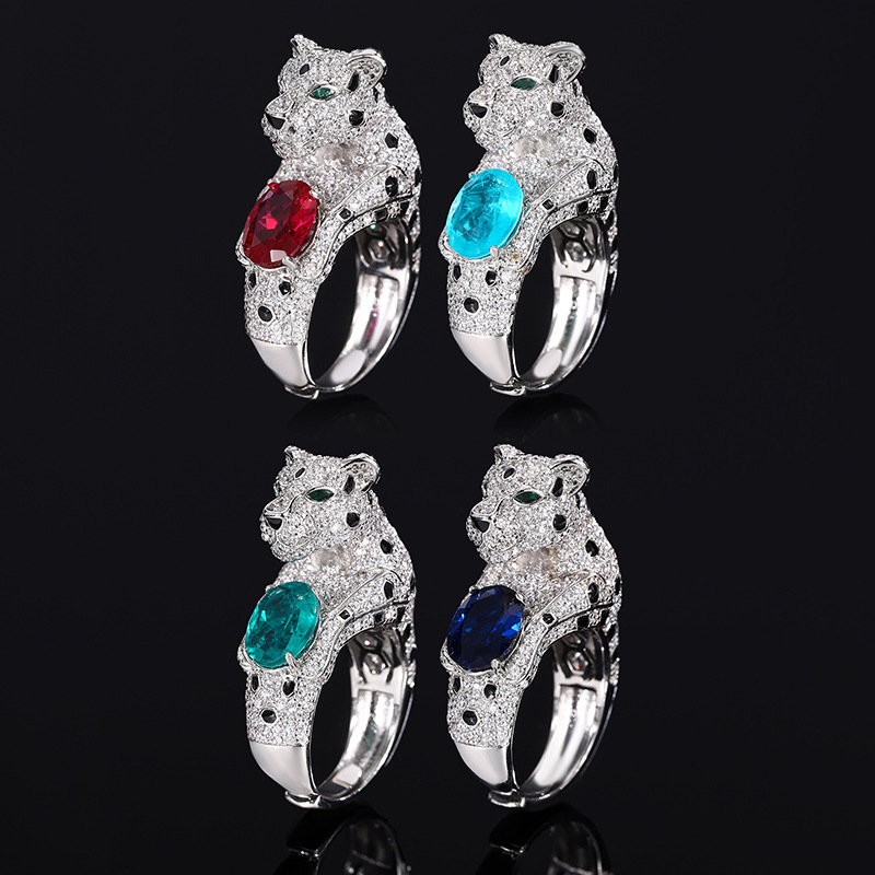 2024 Nueva joyería Zhuang Shengsheng, fondo de cobre, simulación chapado en oro, tesoro de color, diamante completo, anillo de temperamento de leopardo, maestro 6*8