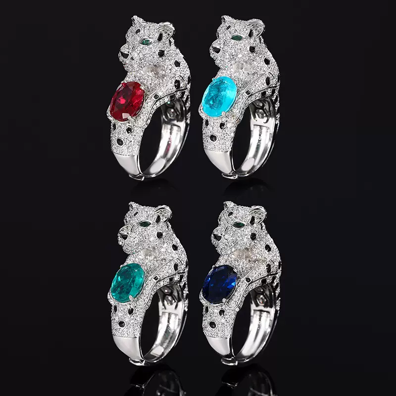 2024新款庄生生珠宝铜底镀金仿真彩宝满钻豪镶豹子气质戒指主6*8