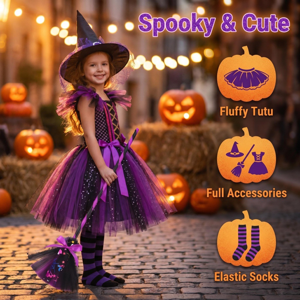 Halloween Kidsren's Purple Witch Costume Girls Cosplay Dress Holiday Party Performance Wizard Suit