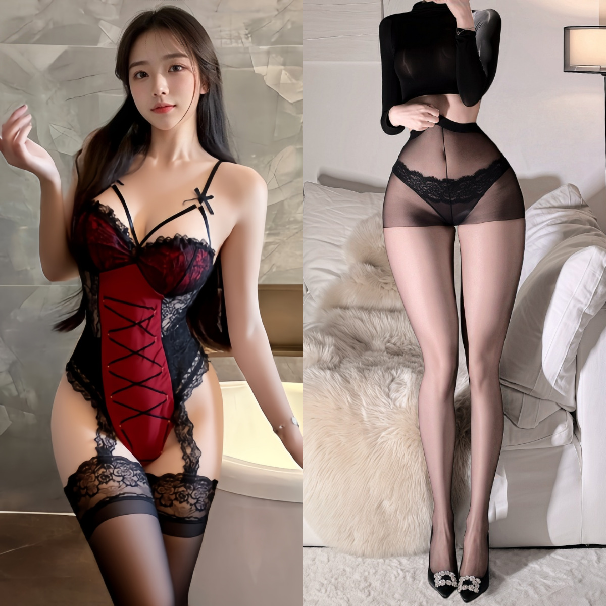 점프수트 + 검정색 팬티스타킹