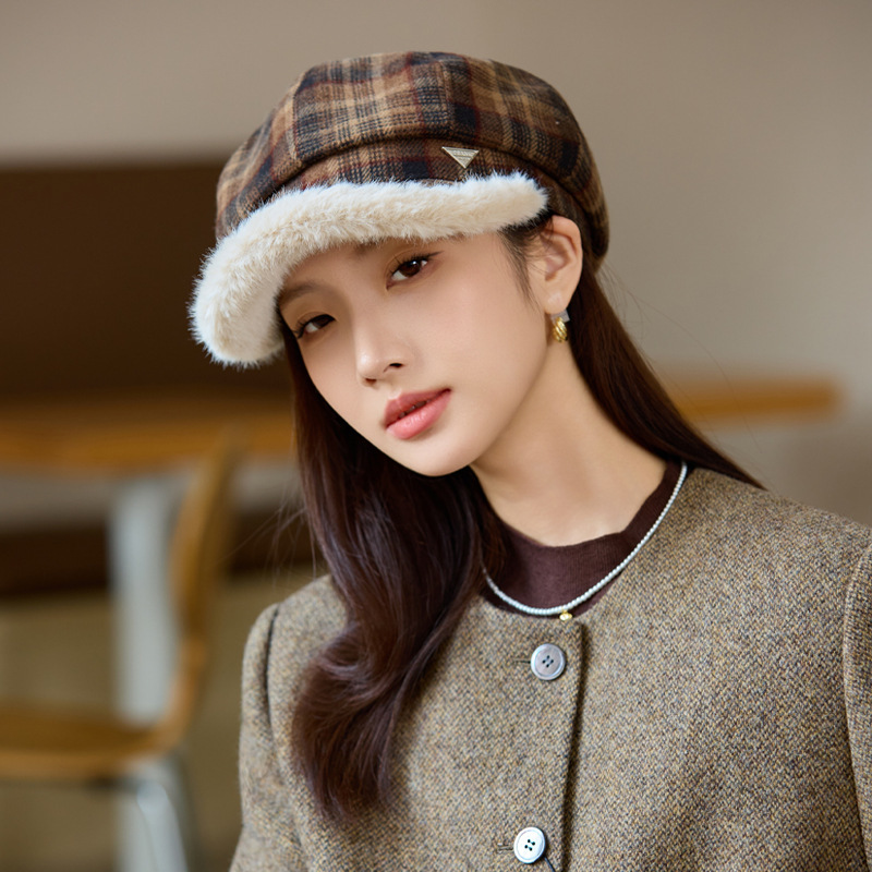 秋冬季帽子女气质复古格子条纹八角帽经典百搭毛绒保暖加厚画家帽|undefined