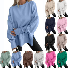 欧美跨境亚马逊TEMU爆款宽松卫衣侧边开叉拼接圆领蝙蝠袖加绒上衣