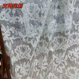 新款雪纺真丝皱皇冠刺绣布料轻薄亮片绣花服婚纱礼服服装面料服饰