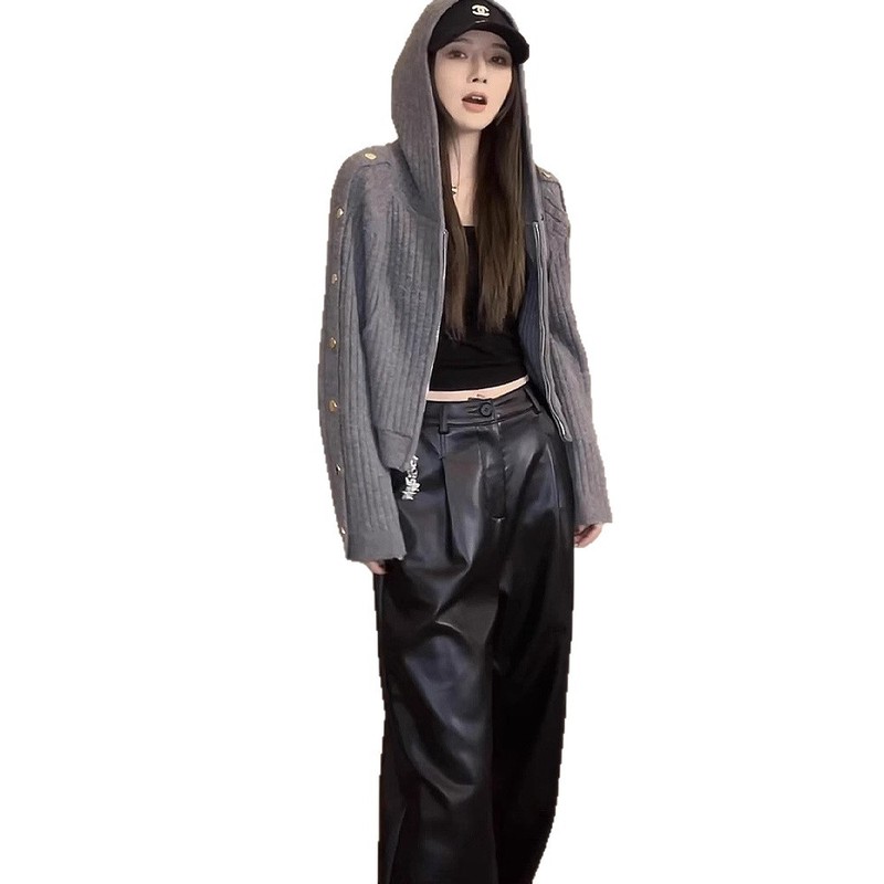 百搭双拉链连帽短款针织开衫女新款小众时尚休闲慵懒毛衣外套上衣|undefined