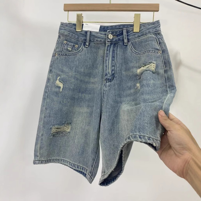 メンズ夏用リップドデニムショートパンツ、薄手アメリカントレンドルーズストレートパンツ、日本トレンドブランドハイストリート5点パンツ|undefined