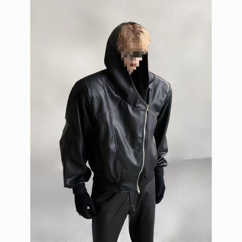 Autumn and Winter Niche Deconstructed Zipper Hooded Pu Leather Jacket Loose Scimitar Sleeve Design Jacket Men's Trend